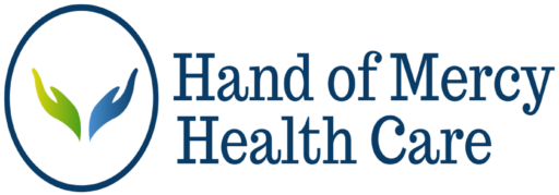 A blue logo that says hand of god health center.